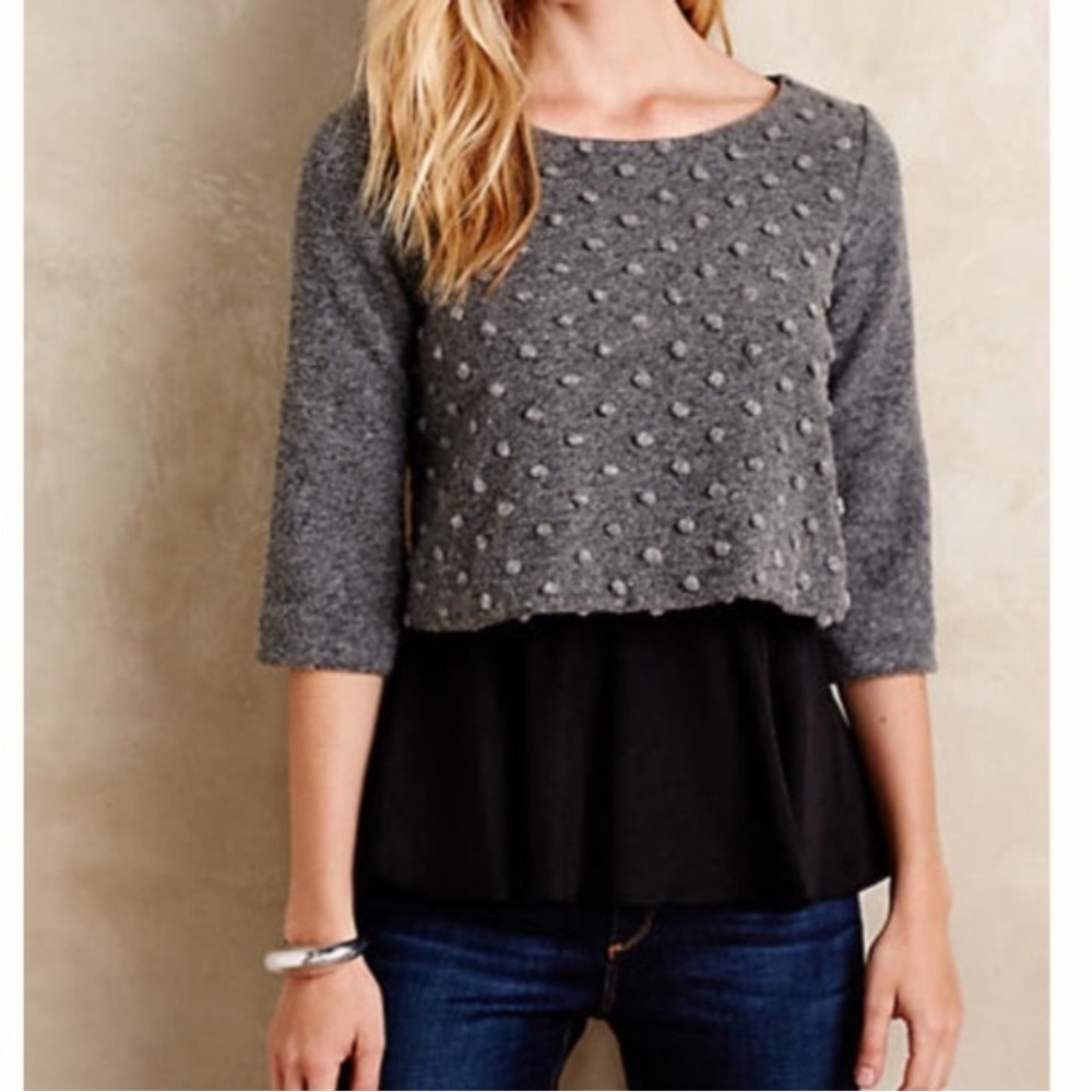 Amadi Anthropologie Grey Swiss Dot Layered Peplum Top Large